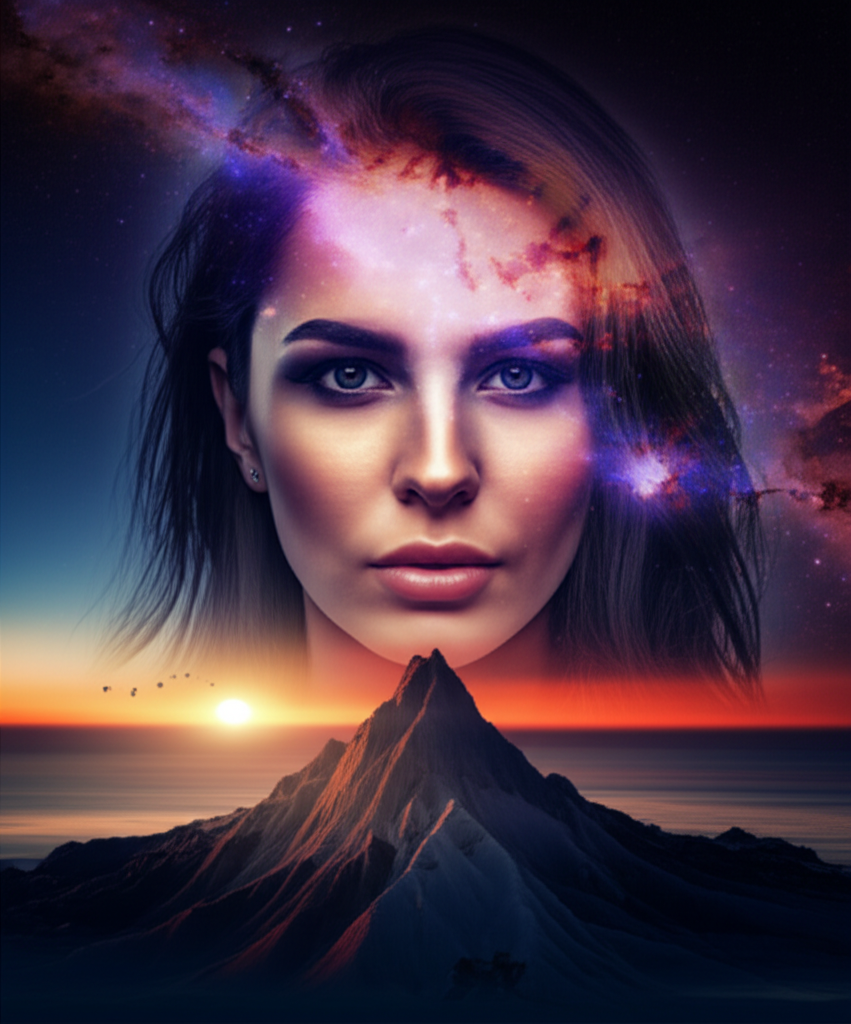 Photorealistic AI-generated art of a woman's face blended with a galaxy